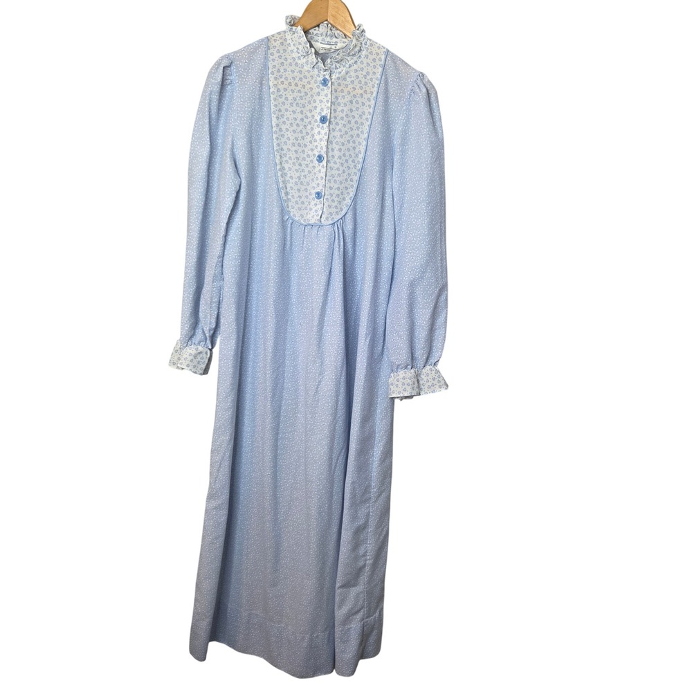 Vintage JCPenney Blue Floral Ruffle Maxi Nightgown Long Sleeve Small Cottagecore